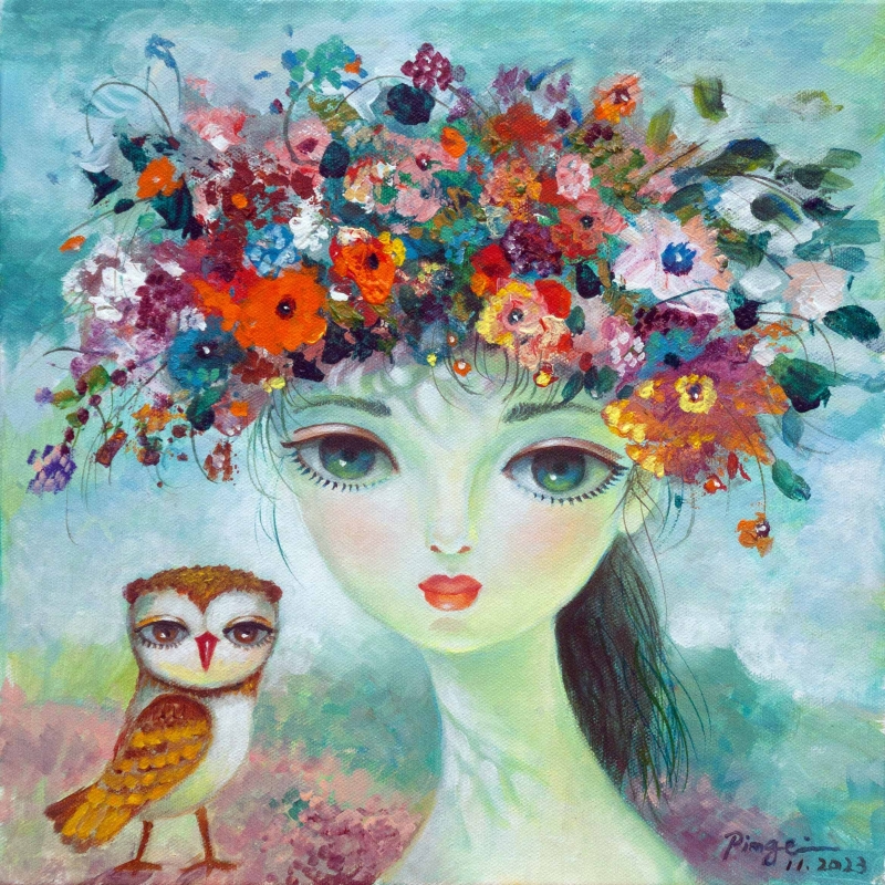 Bouquet and Owl by artist Ping Irvin
